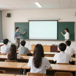 a group of five students presenting in front of classroom, 3 d render, very detailed, unreal engine
