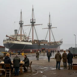 a foggy shipyard, hyperrealism, no blur, 4k resolution, ultra detailed, style of John Berkey, Norman Rockwell, Hans Thoma, Ivan Shishkin, Tyler Edlin, Thomas Kinkade