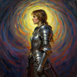 side profile cenetered painted portrait by anders zorn, imogen poots as a paladin, gloomhaven, dota, cinematic light, swirly vibrant color lines ripples, guady colors, aesthetic wonderful masterpiece by greg rutkowski, american romanticism by greg manchess, jessica rossier, ilya kuvshinov