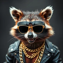 raccoon with shades and a gold chain wearing a leather jacket