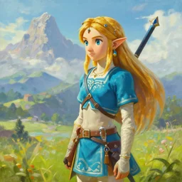 oil painting of zelda breath of the wild, mountain in the background. beautiful, rpg, dnd, artstation, artgerm, disney, pixar
