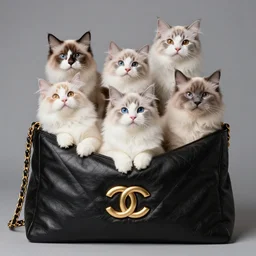a highly detailed photo of multiple furry cats, they are inside a big chanel bag, gray background, studio lighting, 4 k, 8 k