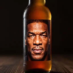 a beer bottle with a reflection of mike tyson's face on it.