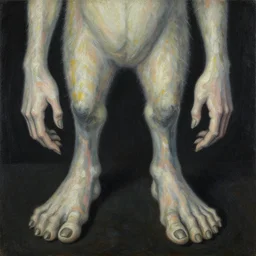 a painting of a strange mythical beast with hands replaced by feet and the feet replaced with hands, in the style of Max Ernst
