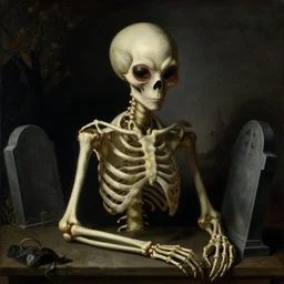 still life portrait of surreal alien skeleton at a graveyard at night by hieronymus bosch, beautiful baroque painting, chiaroscuro, volumetric cinematic perfect light, beautiful detailed octane render by raphael, rutkowski, caravaggio, beksinski