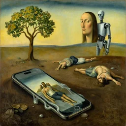 a salvador dali painting of smartphones melting into the ground, a new tree rising on the left symbolising a new life, humans falling into the ground representing their demise, a robot intelligence with a godlike presence rising from the ground