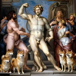 the creation of adam by michelangelo but the people are replaced with shiba - inu dogs