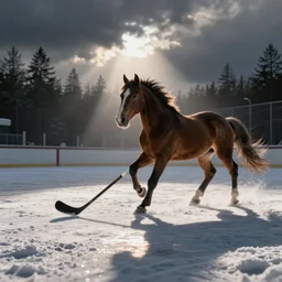 a horse playing ice hockey