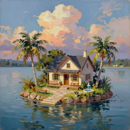 a very tiny island surrounded by water with a cute cozy cottage with a terrace, a paved garden courtyard with benches and a fountain, palm trees, river, sunset, puffy clouds, dramatic and dynamic lighting, thick brush strokes oil impasto painting