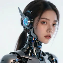 photo portrait of a young woman with cyberpunk robotic parts with led lights, white background, fine art photography