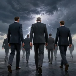 a hyper - detailed 3 d render of tall men in suits walking off towards the horizon, thunderstorm, realism, surrealism!!!!! surreal concept art, lifelike, photorealistic, digital painting, aesthetic, smooth, sharp focus, artstation hd, by greg rutkowski, klimt and nixeu and ian sprigger and wlop and krenz cushart,