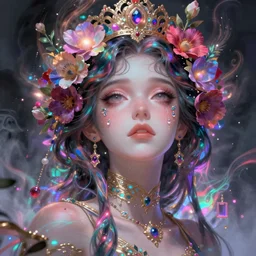 elle fanning, portrait, colorful and vibrant majestic, royal, open wide eyes, drops of tear with flowers on her hair, glowing light orbs, intricate concept art, elegant, digital painting, smooth, sharp focus, ethereal opalescent mist, outrun, vaporware, cyberpunk darksynth, ethereal, ominous, misty, 8 k, by ruan jia and miho hirano, rendered in octane