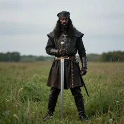 a sword held by a black jack wearing bearded man standing in a grassy field