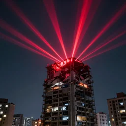 building being destroyed by red laser beam from the sky, 4k render