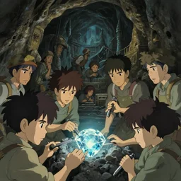 a film still of a cave full of miners mining diamonds, finely detailed features, closeup at the faces, perfect art, at an ancient city, gapmoe yandere grimdark, trending on pixiv fanbox, painted by greg rutkowski makoto shinkai takashi takeuchi studio ghibli, akihiko yoshida