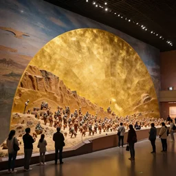 megalophobia!!!!! photo of an exhibit museum room, people looking at a huge tri - dimensional diorama depicting the full history of humanity, national art museum, scientific, ethereal, rule of thirds, golden section