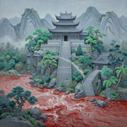 a gorgeous landscape painting by barlowe wayne maxfield parrish and marco mazzoni. chinese temple. grey blue and very little light verdancy. the winding steps. ultra clear detailed. 3 d, octane render. turbulent blood lake.
