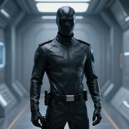 a portrait by ralph mcquarrie of a stealthy slick uniformed thief standing in a futuristic corridor