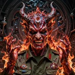 igor ivanovich strelkov became an bloody angry degraded satanic hellfire demon calling for total mobilization, photo - realistic, color image, 2 k, highly detailed, bodyhorror, occult art