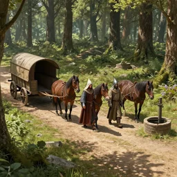 a detailed concept art of three medieval soldiers disguised as gipsies in a medieval caravan with two horses. in sherwood forest path. broken wheel. sunny day. shadows. wide angle. trending on artstation, craig mullins, gopro lens. centered composition. water well.