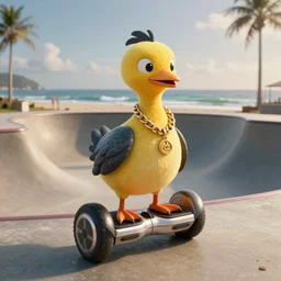 a dodo with a gold chain around its neck, on a hover board at a skate park near the beach, 1990s cartoon
