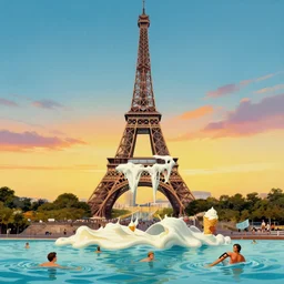 eiffel tower icecream melting down, sunset, people swimming in icecream, painted by james jean and salvador dali