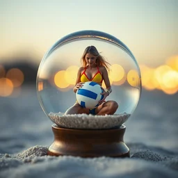 sand globe with trapped female beach volley ball player in bikini holding ball inside beach volleyball inside snow globe, depth of field, bokeh