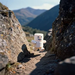 a photograph peeping from afar, very small stay puft marshmallow man, running, trough the mountains, very detailed focused photography cinematic lighting, sun and shadows, taken by martin parr, saturated colour photo kodachrome