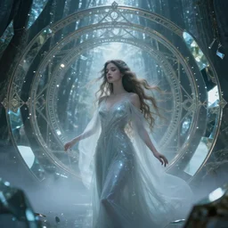 goddess of illusion, beautiful, stunning, breathtaking, mirrors, glass, magic circle, magic doorway, fantasy, mist