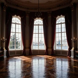 imperial Russian Palace interior office, huge floor to ceiling arched windows, dark deco, rich reflective hardwood floors and crimson drapery, by Dan Mumford