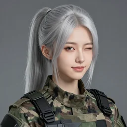 girl, silver hair (ponytail), (winking), multicam (camo), trending on artstation, detailed, cinematic full body shot, ilustration by Takehiko Inoue (((and Yoann Lossel))) ((((and Yoji Shinkawa))))