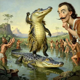 peasants praise the alligator god who rises put of a swamp. fantasy art by jacobus hendrik pierneef and salvador dali. trending