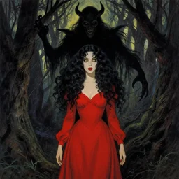 in the style of edmund dulac, full body, pretty alyson hannigan, evil dead demon, evil dead movie, redl dress, symmetrical eyes, edmund dulac, symmetrical face, long curly black hair, trees, forest, branches, cinematic lighting, evil dead creature, scary, edmund dulac
