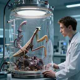 a hihgly detailed mantis - like alien inside a bioreactor, is observed by a thin male scientist in his biotech lab, from love death and robots ( 2 0 1 9 ). coherent portrait, intricate, elegant, highly detailed, digital photo, trending on artstation, hdr photo, smooth, sharp focus