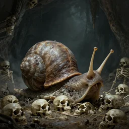 a moster snail creature devouring skulls on a cave full of skeletons, dark souls inspired, elden ring inspired, octane render, rtx, unreal engine 5, digital painting, trending on artstation, highly detailed, epic composition, 8 k uhd