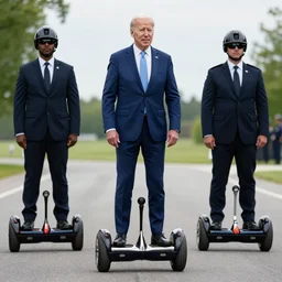 A professional photograph of Joe Biden and his bodyguards standing on hoverboards, HDR, 8k,