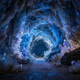 giant underground cave with path, overhead encrusted with blue and purple and clear crystalline structures, 8 k, unreal engine, octane render, hyperrealist, first person view, 8 k, unreal engine 5 render, depth of field