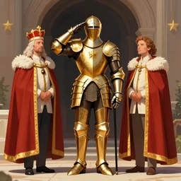 a tall royal knight in golden armor saluting his king, digital art