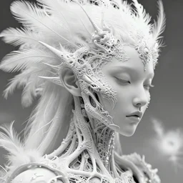 elegant, hg giger, 1 6 k, hyper real, white metallic armour, bw close - up profile face, roots, octane render, fine mandelbrot fractal lace, ultra detailed, white peacock feathers, beautiful young porcelain intricate bio - mechanical vegetal - dragon - cyborg - female, soft rim light, 1 5 0 mm