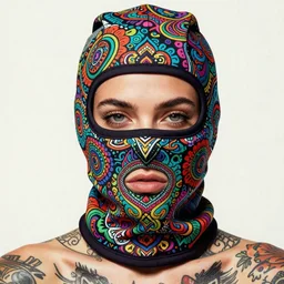 close - up portrait of brandi love with tattoos wearing a balaclava with colourful intricate psychodelic patterns, by edgar maxence and caravaggio and michael whelan and delacroix style, artistic, intricate drawing, light brazen, realistic fantasy, extremely detailed and beautiful aesthetic face, establishing shot, 8 k resolution, dramatic lighting
