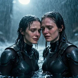 cinestill 5 0 d candid photographic portrait by christopher nolan of two loving female androids sobbing wearing rugged black mesh techwear in treacherous waters, medium closeup, modern cyberpunk moody emotional cinematic, pouring iridescent rain bright spotlight, 8 k, hd, high resolution, 3 5 mm, f / 3 2, ultra realistic faces, ex machina