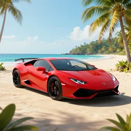 red Lamborghini huracan!, unreal engine 5!, hyperrealistic!, cinema 4D!, dynamic lighting! Beach! Tropical paradise!, cinematic landscape!, studio landscape! Amazing ultra quality! Substance painter!