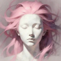 portrait of textured pale white face with closed eyes with hair made of pink and dark flowing ribbons, sketch illustration, soft glow, dappled light, portrait art, backlit, indie studio, fantasy, rim lighting, pastel shades, powerful, emotional, powerful, epic composition, noise, texture, rule of thirds,