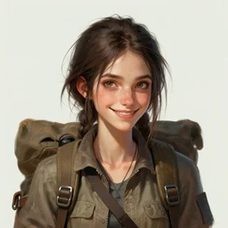 detailed character full face portrait of a skinny feminine alt art concept art androgynous adventurer merchant salesman rucksack smirking artgerm greg rutkowski mucha ross tran