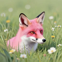 pink fox head popping out of a field of flowers by Kilian Eng, minimalist, detailed