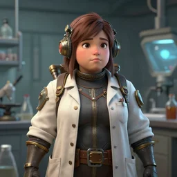 An cute, slightly chubby female dieselpunk scientist in a lab coat, stubble, visualartzi, dieselpunk, anime, concept art by Karla Ortiz, James Paick, Charlie Bowater, Krenz Cushart, highly detailed, ultra detailed, ultra realistic, trending on artstation, cgstudio