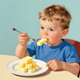 a stick of butter on a fork. boy, 1 2 years old, sitting at the table eating the stick of butter on his fork from a plate with a heap of sticks of butter, color illustration 1 9 2 0 s. the boy is facing the viewer.