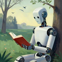 A robot reading a book in a park, birdsview, birds, in the style of Umberto Boccioni
