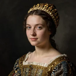 portrait of young woman in renaissance dress and renaissance headdress, art by peter lindbergh