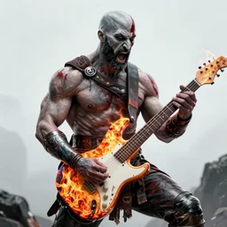 muscular armored screaming kratos rocking out on a flaming stratocaster guitar, cinematic render, god of war 2 0 1 8, playstation studios official media, lightning, flames, left eye stripe, left eye stripe, left eye stripe, left eye stripe, clear, coherent